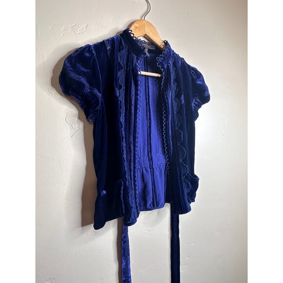 BCBGMaxAzria Blue Velvet and Silk Blend Wrap Jacket Vintage Inspired - Picture 3 of 8